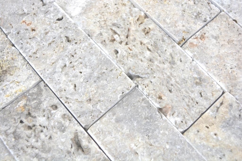 Mosaikfliese Travertin Naturstein weißgrau Brick Splitface silber Travertin 3D MOS29-42781_f