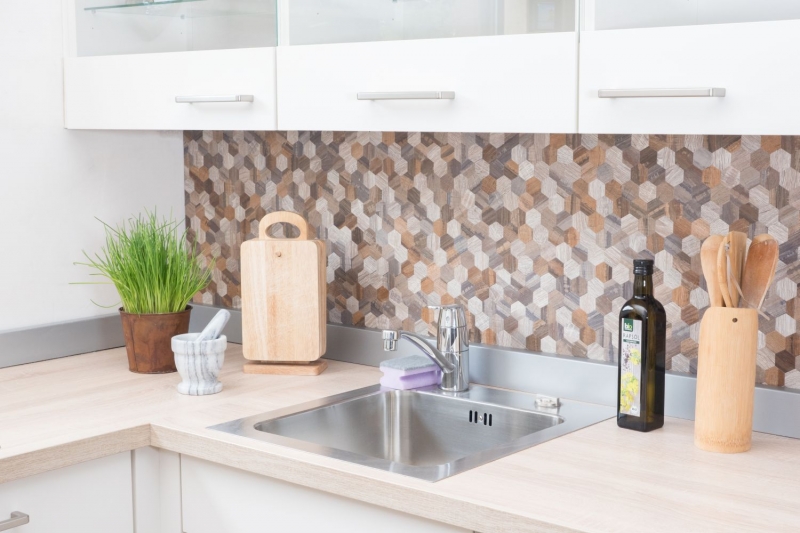 Mosaic tiles kitchen splashback self-adhesive aluminum gray beige hexagon metal wood look MOS200-2022_f