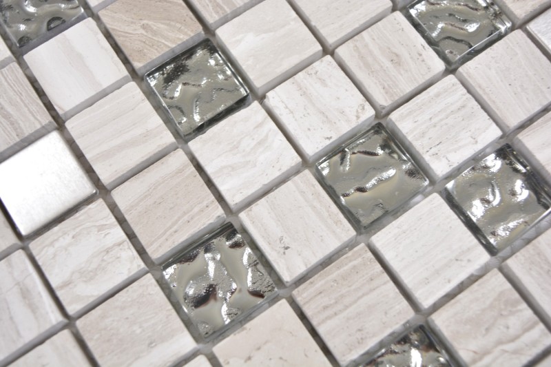 Quadrat Crystal/Stein/Stahl mix wood white Mosaikfliese Wand Fliesenspiegel Küche Bad MOS82-0108_f