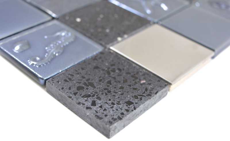 Quadrato cristallo / artificiale / acciaio mix rilievo nero mosaico piastrelle parete backsplash cucina bagno