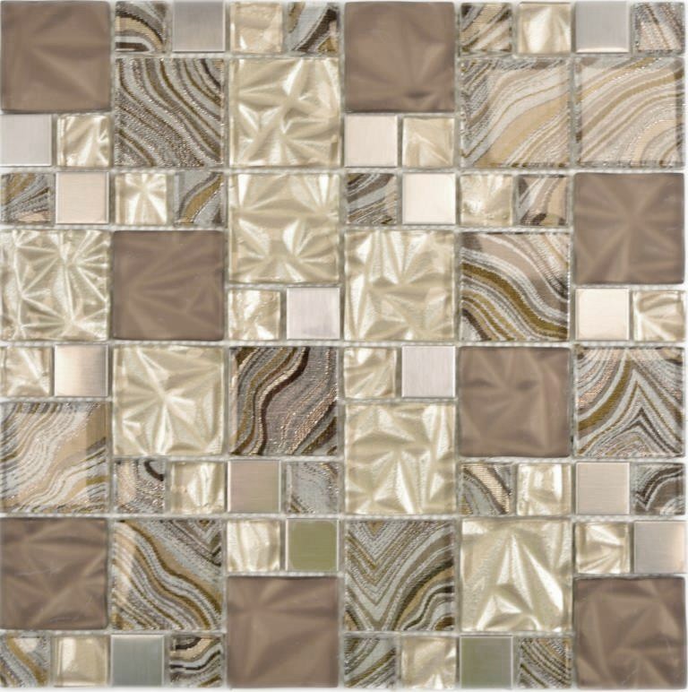 Mosaico di vetro combinazione acciaio mix beige marrone mosaico piastrelle parete backsplash cucina bagno MOS88-1207_f