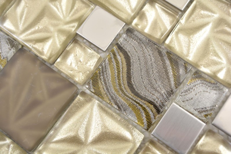 Mosaico di vetro combinazione acciaio mix beige marrone mosaico piastrelle parete backsplash cucina bagno MOS88-1207_f