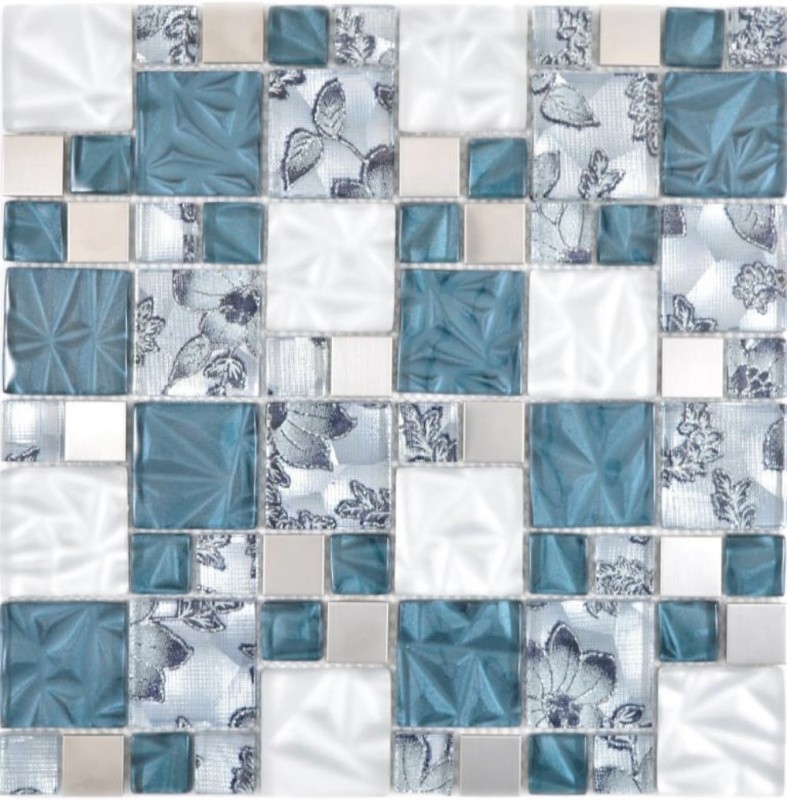 Glasmosaik Kombination Stahl grau blau Mosaikfliese Wand Fliesenspiegel Küche Bad MOS88-0402_f