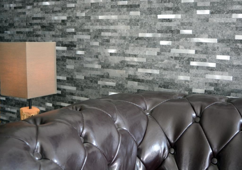 Composito vinilico effetto pietra Quarzo nero/Mosaico argento Piastrelle per pareti Cucina Bagno MOS200-22BS_f