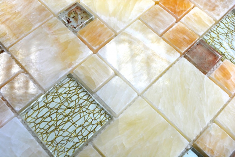 Piastrella di mosaico decorata a mano Backsplash di piastrelle Oro ambrato traslucido Mosaico di vetro combinato Pietra di cristallo Onyx Elegance oro MOS88-MC649_m