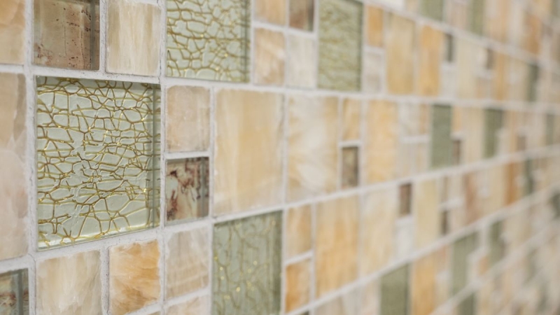Hand-patterned mosaic tile Tile backsplash Translucent amber gold Combination glass mosaic Crystal stone Onyx Elegance gold MOS88-MC649_m