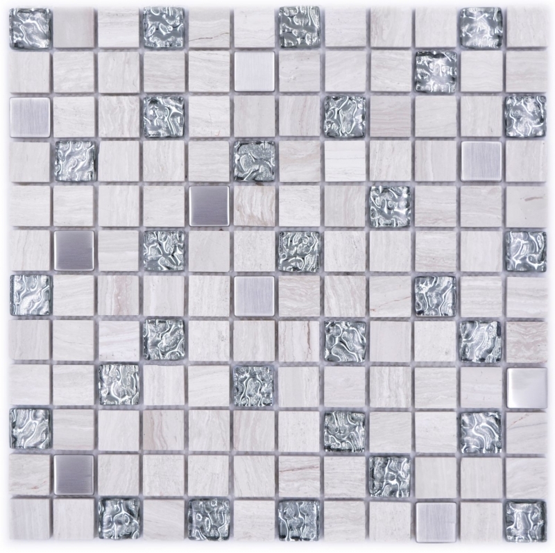 Handmuster Quadrat Crystal/Stein/Stahl mix wood white Mosaikfliese Wand Fliesenspiegel Küche Bad MOS82-0108_m