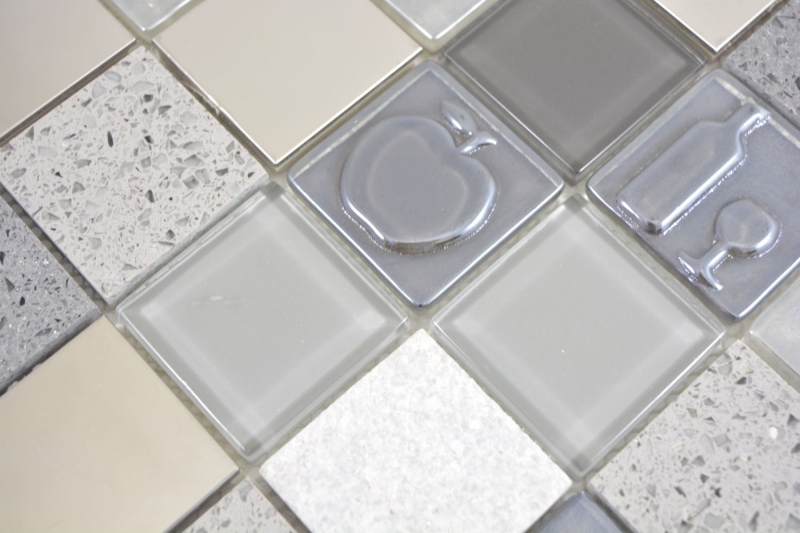 Mano modello quadrato cristallo / artificiale / pietra / acciaio mix rilievo grigio mosaico piastrelle muro backsplash cucina bagno MOS88-0217_m