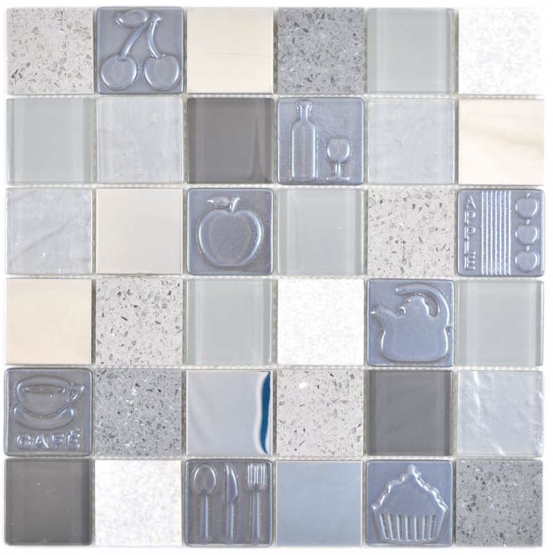 Handmuster Quadrat Crystal/Artificial/Stein/Stahl mix Relief grey Mosaikfliese Wand Fliesenspiegel Küche Bad MOS88-0217_m