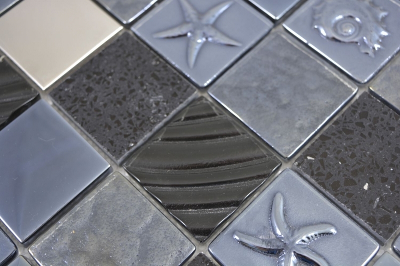 Mano modello quadrato cristallo / artificiale / acciaio mix rilievo nero mosaico piastrelle parete backsplash cucina bagno MOS88-2717_m