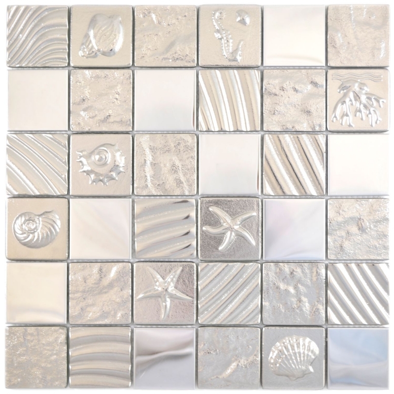 Handmuster Quadrat Crystal/Stahl mix Relief silver Mosaikfliese Wand Fliesenspiegel Küche Bad MOS88-2222_m