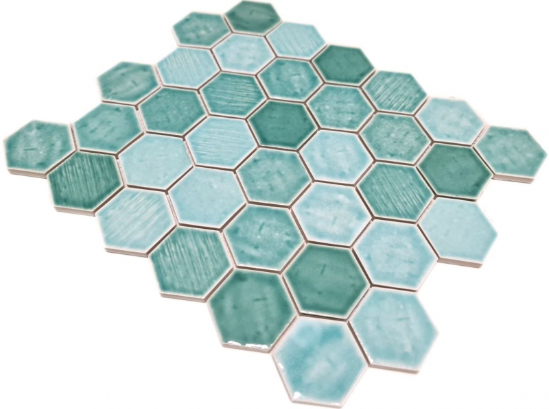Handmuster Mosaikfliese Keramik Mosaik Hexagonal grün glänzend Fliesenspiegel Dusche MOS11K-SAN5_m