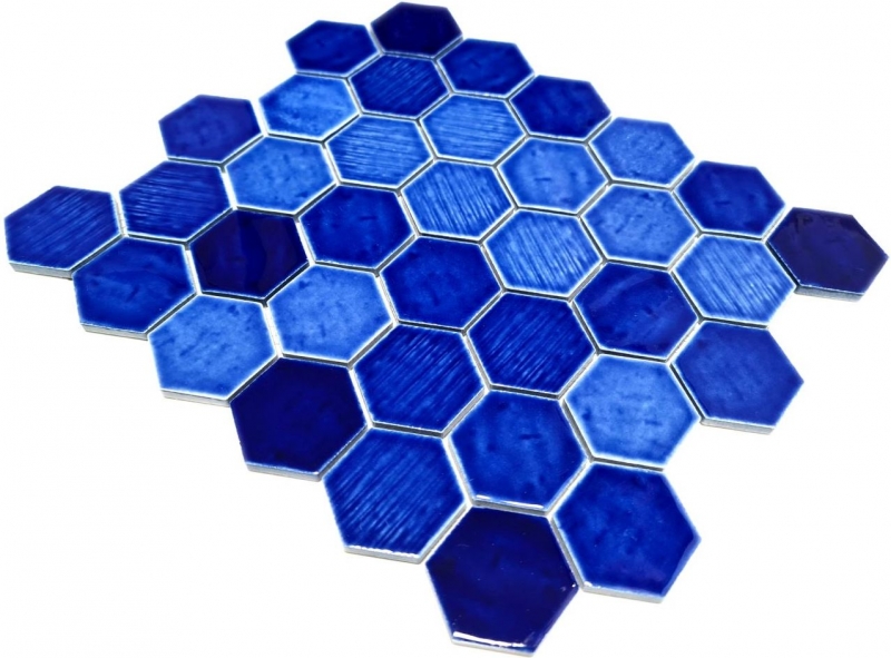 Handmuster Mosaikfliese Keramik Mosaik Hexagonal blau glänzend Küche Wand Bad MOS11K-SAN7_m