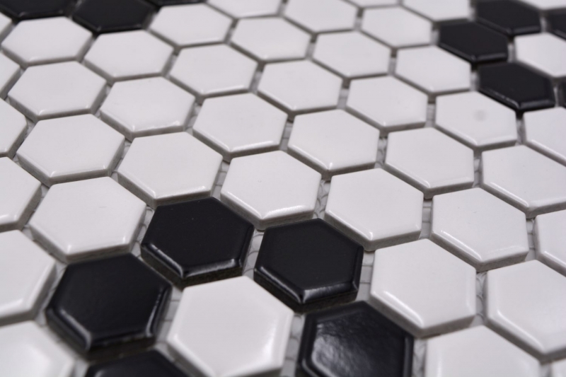 Mosaikfliese Keramik Mosaik Hexagonal mix weiß schwarz glänzend Fliesenspiegel Bad Küche MOS11A-0113G