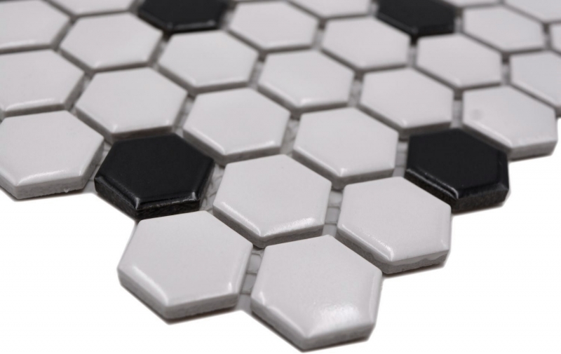 Mosaikfliese Keramik Mosaik Hexagonal mix weiß schwarz glänzend Küchenrückwand Bad MOS11A-03G01