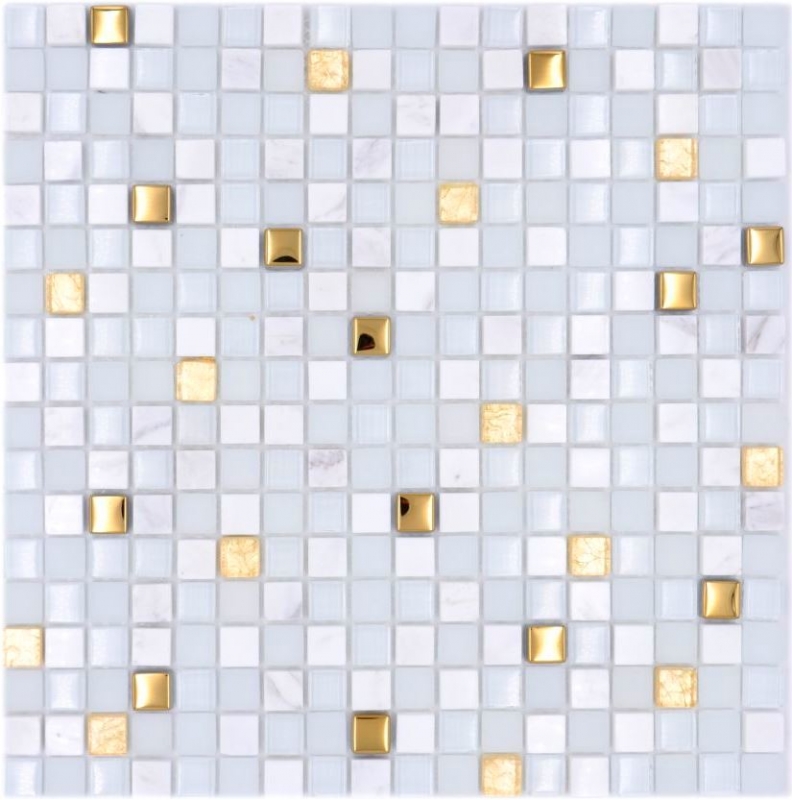 Glasmosaik Naturstein Mosaikfliese weiß gold Fliesenspiegel Küchenrückwand Spritzschutz Badfliese Wand - MOS92-640