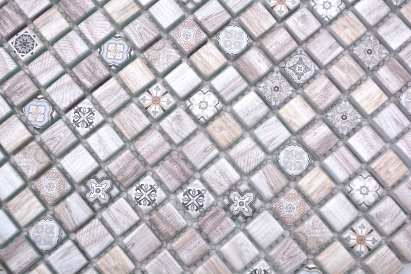 Piastrella di vetro a mosaico retro effetto legno crema marrone chiaro ornamento MOS78-W79