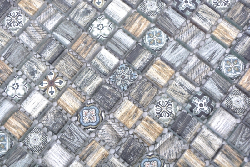Glasmosaik Mosaikfliese Retro Holz Optik grau braun Ornament Wand Bad Küche MOS78-W99