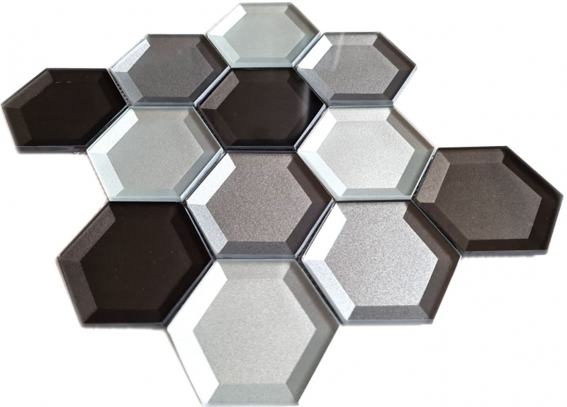 Mosaico di vetro esagonale combinato 3D look mix muro cucina bagno MOS88-XB159_f