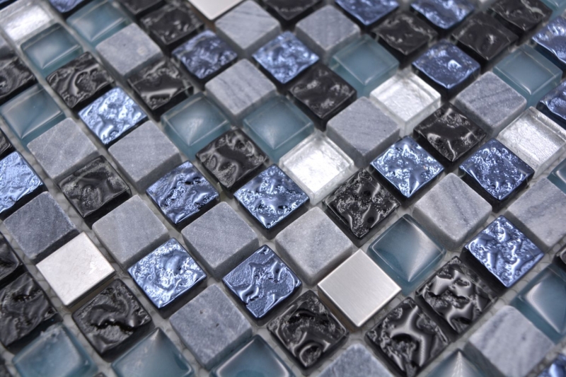 Mosaic tile glass natural stone mosaic stone steel mix blue gray kitchen wall bathroom MOS92-670_f