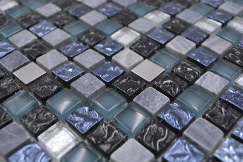 Piastrella mosaico vetro pietra naturale pietra acciaio mix blu cucina grigio parete bagno MOS92-670_f