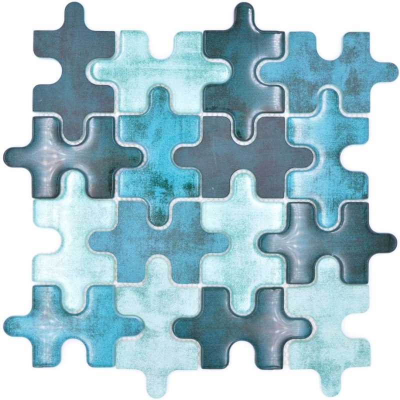 Mosaïque Mosaïque de verre Puzzle mix turquoise bleu dosseret de cuisine salle de bain MOS88-PT03_f