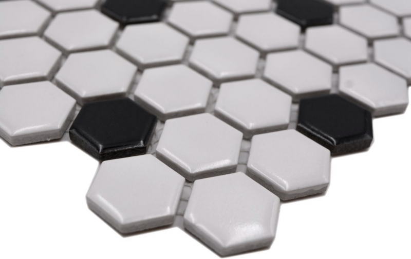 Échantillon manuel Carreau de mosaïque Céramique Hexagonal mix beige noir brillant Dos de cuisine Salle de bain MOS11A-03G01_m