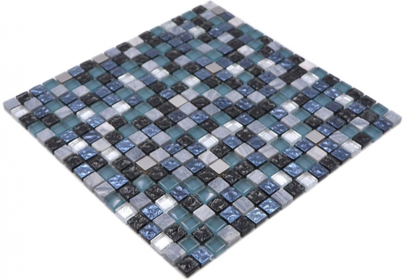Handmuster Mosaikfliese Glas Naturstein Mosaik Stein Stahl mix blau grau Küche Wand Bad MOS92-670_m