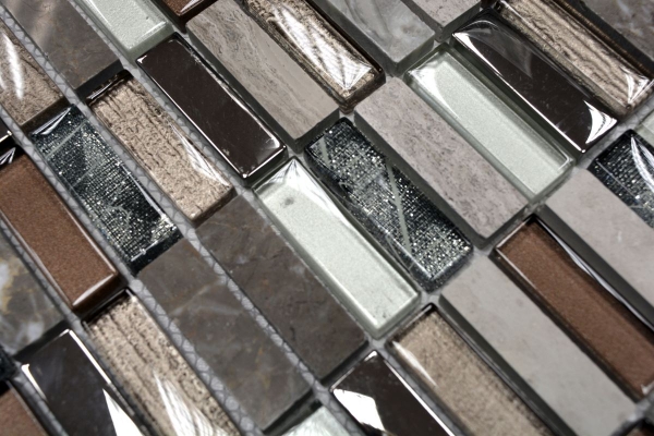 Riemchen Rechteck Mosaikfliesen Glasmosaik Stäbchen hellbraun silber grau Naturstein Marmor Fliesenspiegel Küche Wand - MOS87-SM68_f | 10 Mosaikmatten