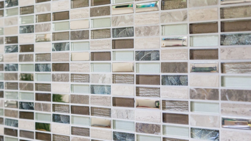 Tessere rettangolari di mosaico di vetro aste marrone chiaro grigio argento pietra naturale marmo backsplash parete cucina - MOS87-SM68_f | 10 tappetini di mosaico