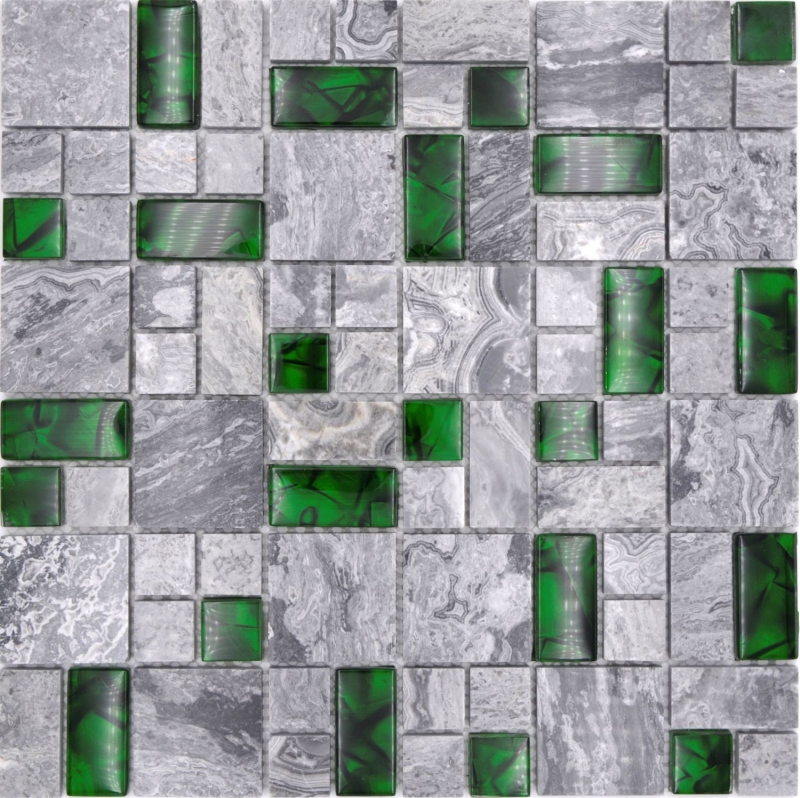 Naturstein Glasmosaik grau mit grün glänzend Wand Boden Küche Bad Dusche - MOS88-0405