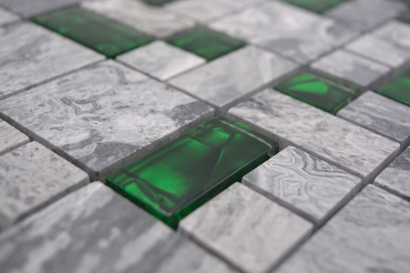 Naturstein Glasmosaik grau mit grün glänzend Wand Boden Küche Bad Dusche - MOS88-0405