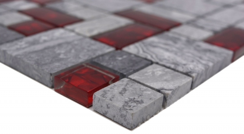 Naturstein Glasmosaik grau mit rot glänzend Wand Boden Küche Bad Dusche - MOS88-0409