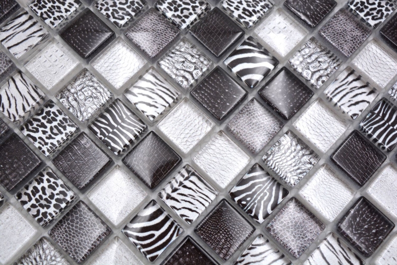 Piastrella di vetro a mosaico nero lucido zebra parete cucina bagno doccia MOS68-WL24_f