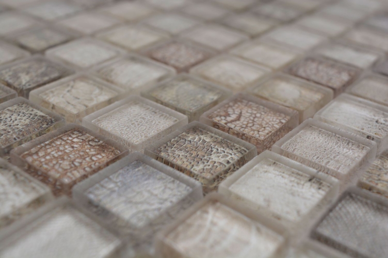 Piastrella di vetro a mosaico beige lucido coccodrillo struttura parete cucina bagno doccia MOS68-WL34_f