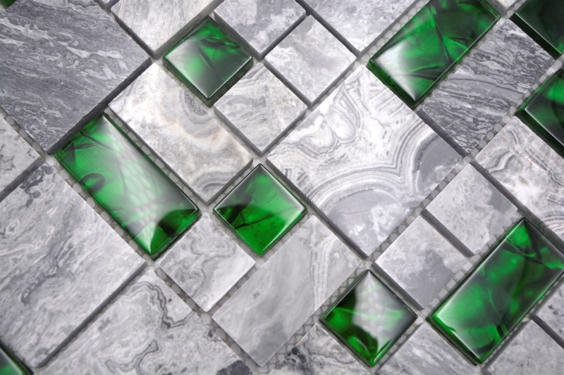 Naturstein Glasmosaik grau mit grün glänzend Wand Boden Küche Bad Dusche - MOS88-0405_f