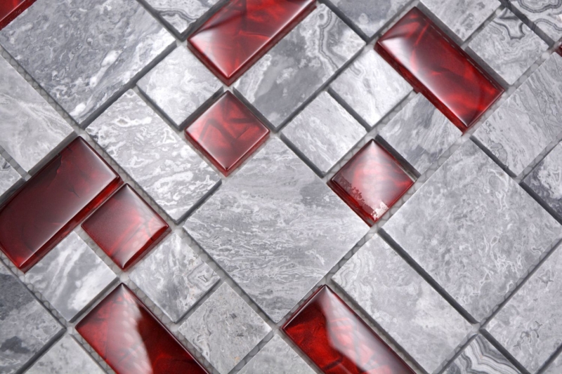 Naturstein Glasmosaik grau mit rot glänzend Wand Boden Küche Bad Dusche - MOS88-0409_f