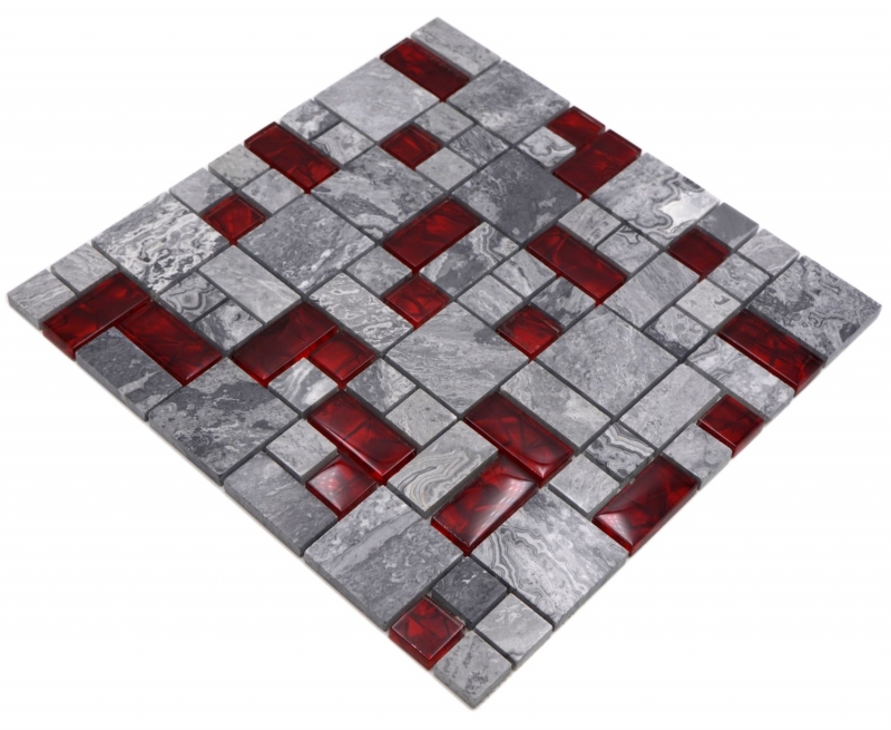Pierre naturelle mosaïque de verre gris avec rouge brillant mur sol cuisine salle de bain douche - MOS88-0409_f