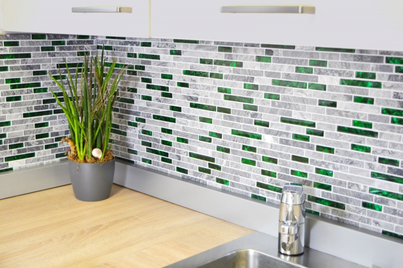 Pierre naturelle mosaïque de verre gris avec vert brillant mur cuisine salle de bain douche - MOS87-0405_f