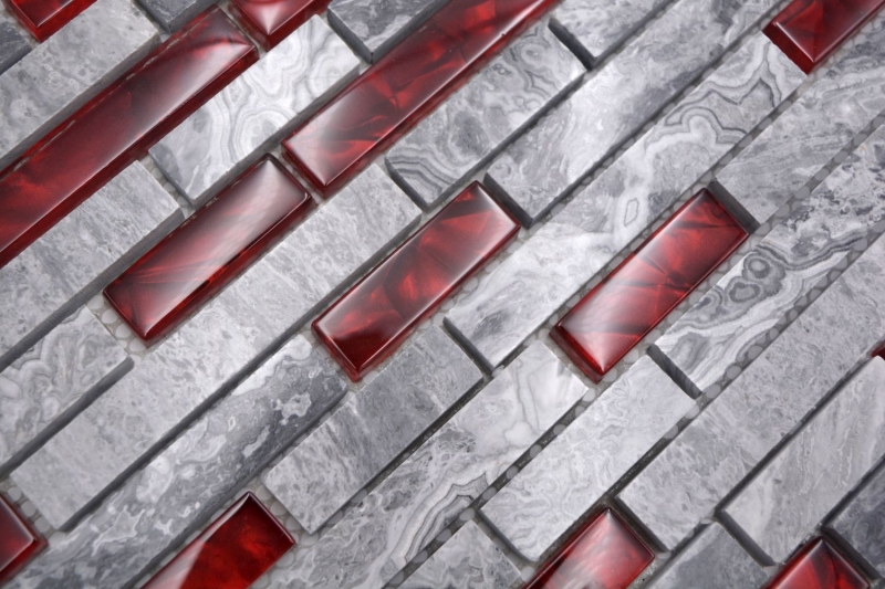 Pierre naturelle mosaïque de verre gris avec rouge brillant mur cuisine salle de bain douche - MOS87-0409_f