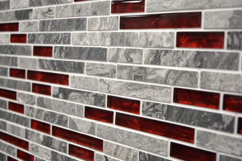 Pierre naturelle mosaïque de verre gris avec rouge brillant mur cuisine salle de bain douche - MOS87-0409_f
