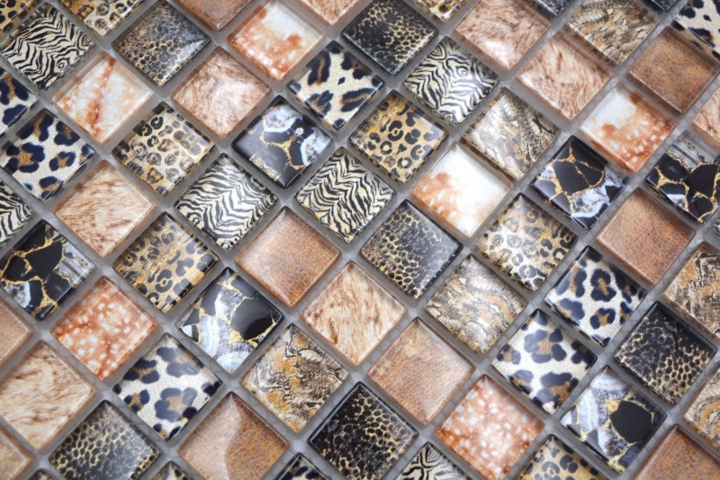 Handmuster Glasmosaik Mosaikfliese braun glänzend Leopard Wand Küche Bad Dusche MOS68-WL64_m