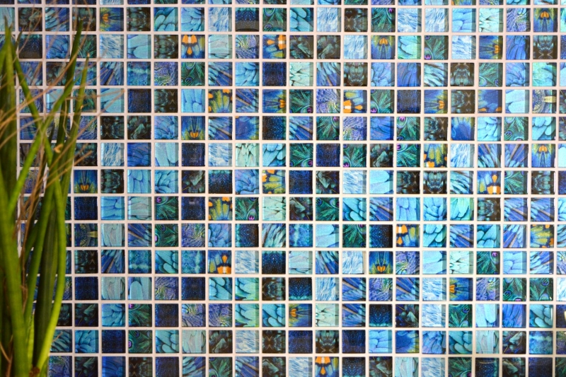 Mosaico di vetro dipinto a mano piastrelle di mosaico blu lucido Uccello parete cucina bagno doccia MOS68-WL74_m