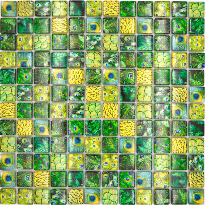 Motif main Mosaïque de verre vert brillant Paon mur cuisine salle de bain douche MOS68-WL84_m