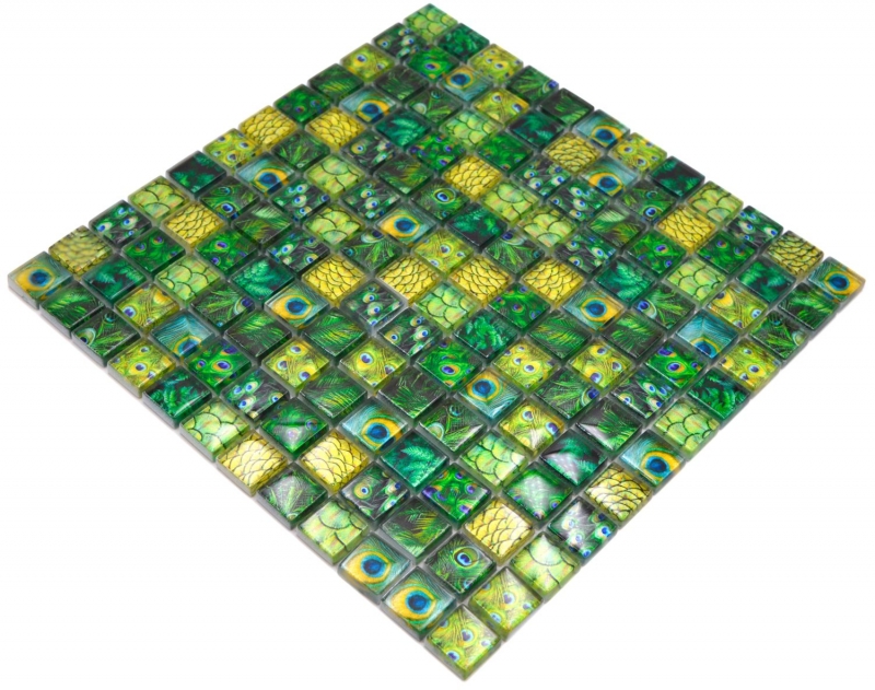 Mosaico di vetro dipinto a mano mosaico verde pavone lucido parete cucina bagno doccia MOS68-WL84_m