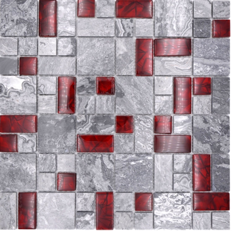 Handmuster Naturstein Glasmosaik grau mit rot glänzend Wand Boden Küche Bad Dusche - MOS88-0409_m