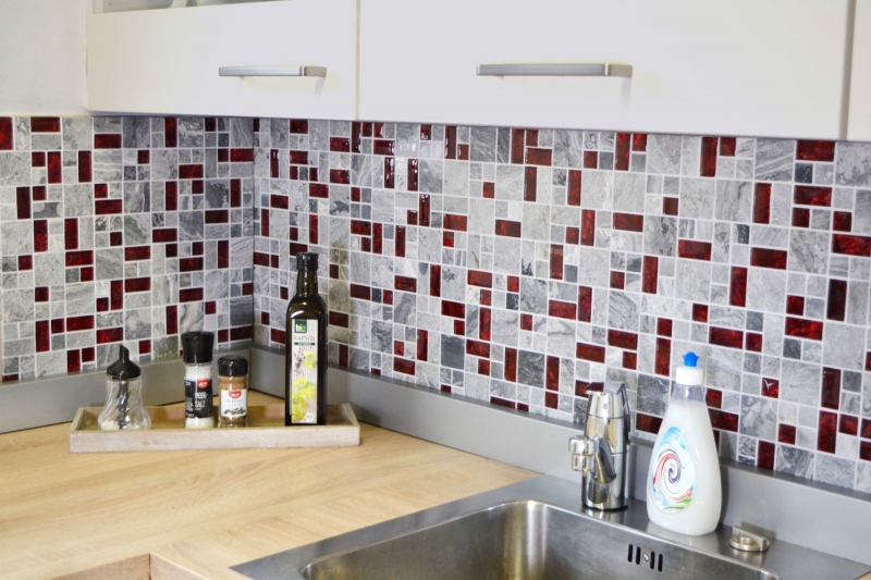 Motif main pierre naturelle mosaïque de verre gris avec rouge brillant mur sol cuisine salle de bain douche - MOS88-0409_m