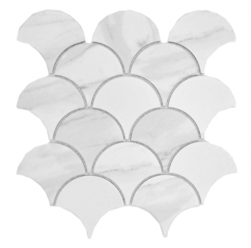 Mosaïque céramique éventail Cararra écailles de poisson blanc gris mat MOS13-FS0102