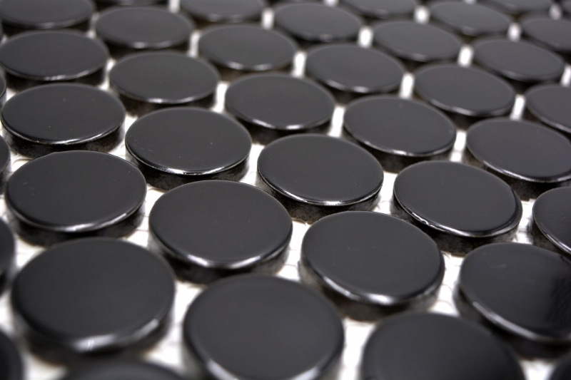 Ceramic mosaic tile Button Loop Penny Round uni black glossy MOS10-0300GR