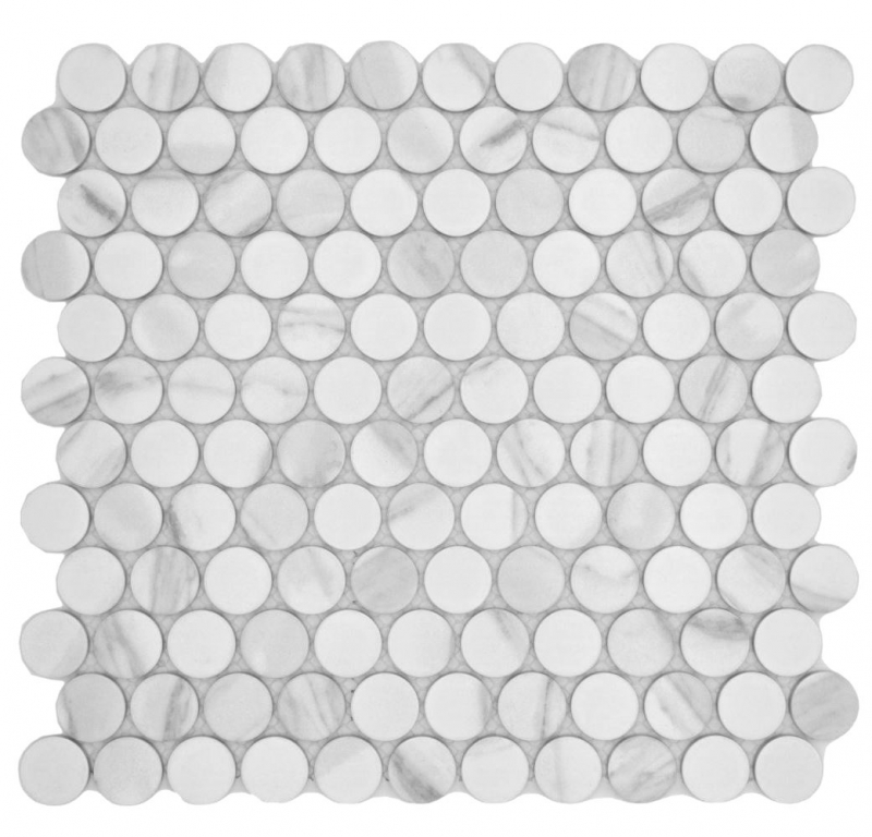 Ceramic mosaic tile Button Loop Penny Round Cararra white gray matt MOS10-1102GR